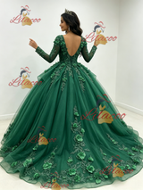 Green Tulle V-neck Long Sleeve Quinceanera Dress