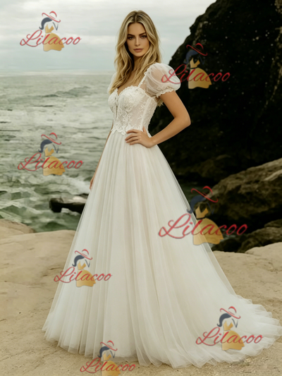 Tulle Lace Puff Sleeve Wedding Dress