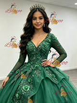 Green Tulle V-neck Long Sleeve Quinceanera Dress