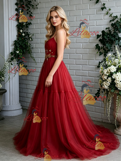 Red Tulle Spaghetti Straps Pleats Prom Dress