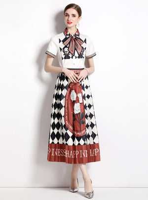 Printed Lapel Shirt+Pleated Skirt Two-piece Suit