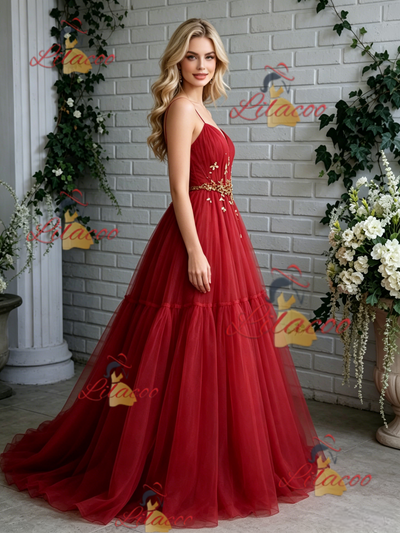 Red Tulle Spaghetti Straps Pleats Prom Dress