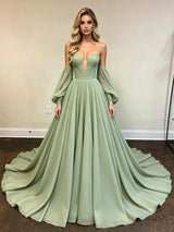 Green Chiffon Strapless Long Sleeve Prom Dress
