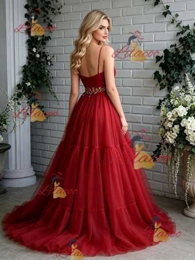 Red Tulle Spaghetti Straps Pleats Prom Dress