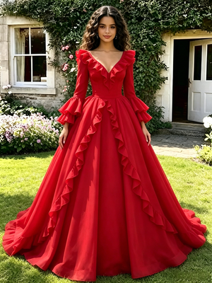 Red V-neck Long Sleeve Quinceanera Dress