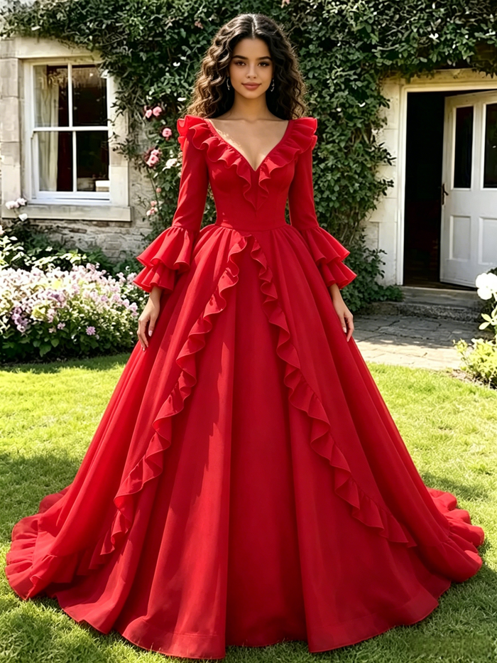 Red V-neck Long Sleeve Quinceanera Dress