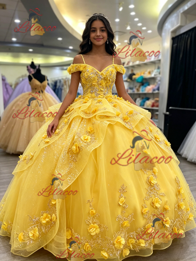 Yellow Tulle Straps 3D Flower Quinceanera Dress