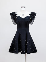 Black Straps Pearls Short Prom Dress
