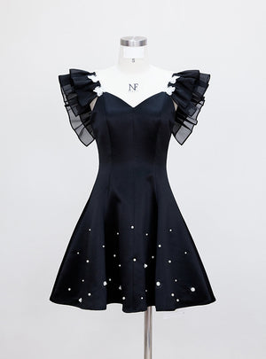 Black Straps Pearls Short Prom Dress