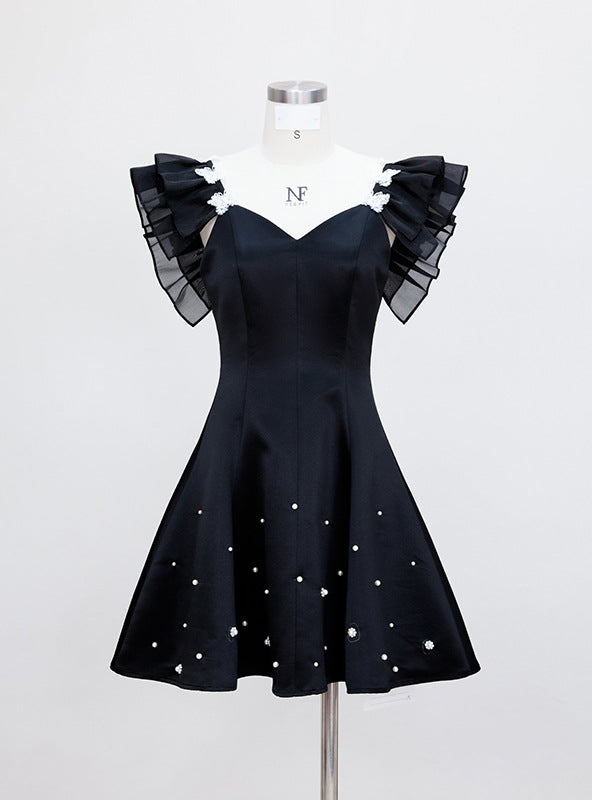 Black Straps Pearls Short Prom Dress