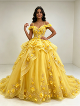 Yellow Tulle Straps 3D Flower Quinceanera Dress