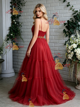 Red Tulle Spaghetti Straps Pleats Prom Dress