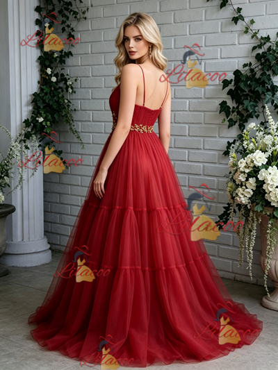 Red Tulle Spaghetti Straps Pleats Prom Dress