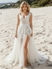 White V-neck Split Wedding Dress