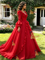 Red V-neck Long Sleeve Quinceanera Dress