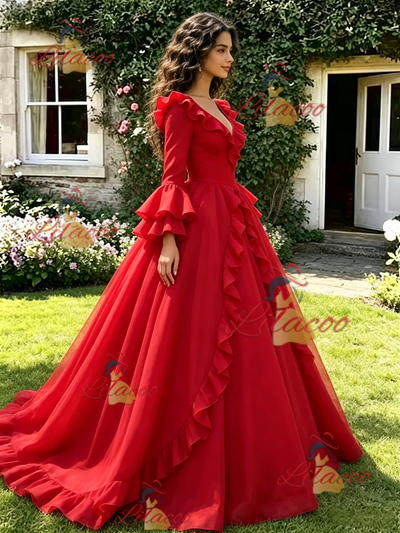 Red V-neck Long Sleeve Quinceanera Dress