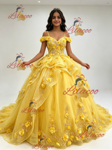 Yellow Tulle Straps 3D Flower Quinceanera Dress