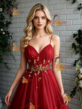 Red Tulle Spaghetti Straps Pleats Prom Dress