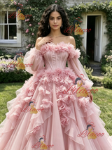 Pink Tulle Long Sleeve 3D Flower Quinceanera Dress