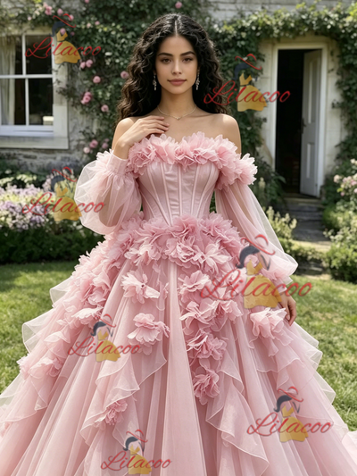 Pink Tulle Long Sleeve 3D Flower Quinceanera Dress