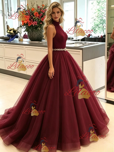 Bugundy Tuller Halter Prom Dress