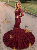 Burgundy Sequins Long Sleeve Prom Dress