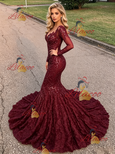 Burgundy Sequins Long Sleeve Prom Dress