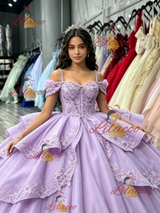 Purple Tulle Spaghetti Straps Appliques Quinceanera Dress