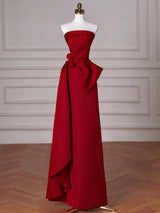 Burgundy Satin Strapless Pleats Prom Dress