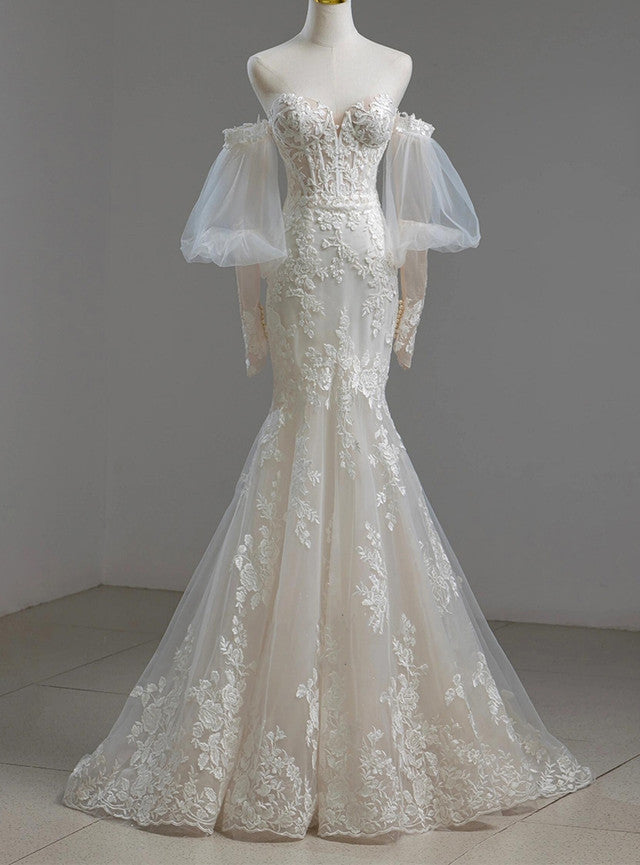 Mermaid Tulle Long Sleeve Appliques Wedding Dress