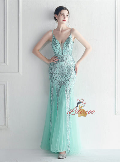 Sequins Tulle Spaghetti Straps Prom Dress