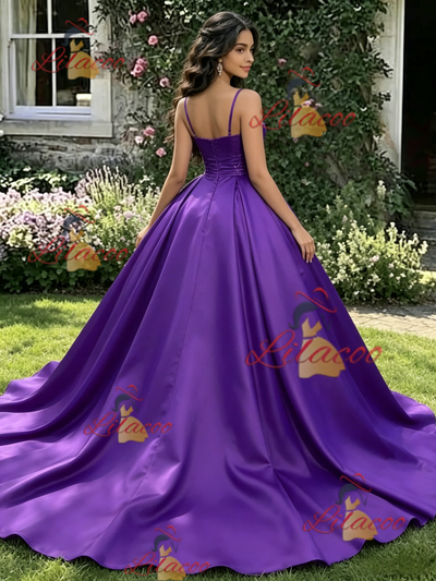 Purple Satin Spaghetti Straps Pleats Quinceanera Dress
