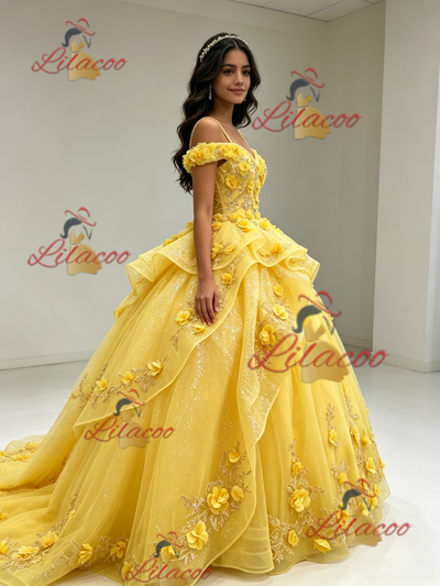 Yellow Tulle Straps 3D Flower Quinceanera Dress
