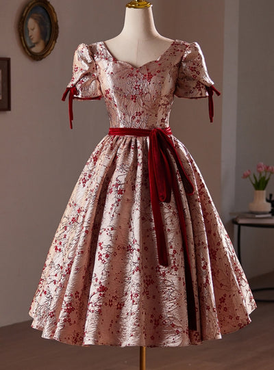 Burgundy Short Sleeve Print Homecoming Dress