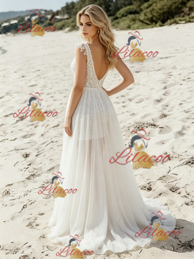 White V-neck Split Wedding Dress