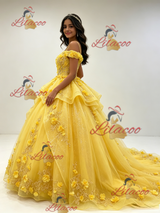 Yellow Tulle Straps 3D Flower Quinceanera Dress