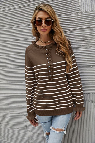 Button Wood Ear Striped Stitching Sweater