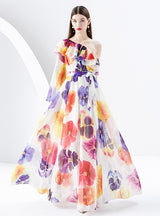 One Shouldered Chiffon Floral Dress