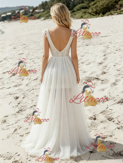 White V-neck Split Wedding Dress
