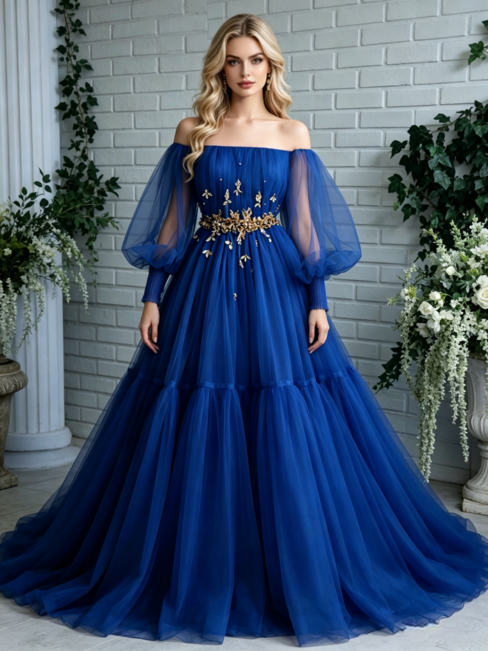 Blue Tulle Long Sleeve Pleats Prom Dress