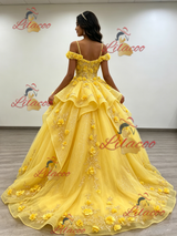 Yellow Tulle Straps 3D Flower Quinceanera Dress