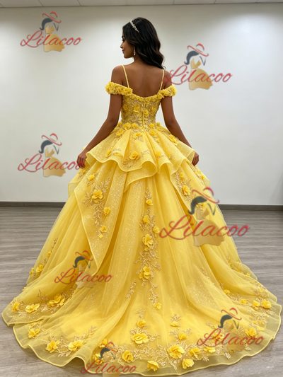 Yellow Tulle Straps 3D Flower Quinceanera Dress