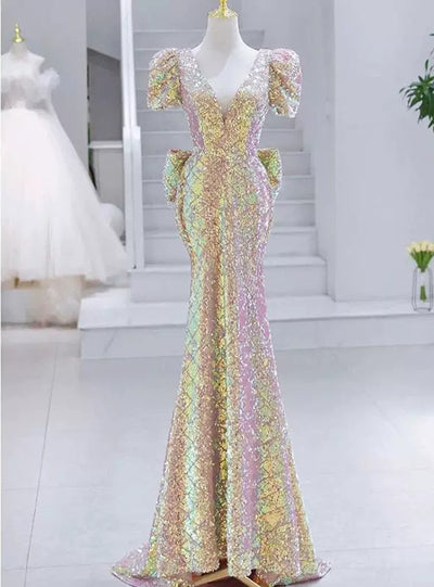 Pink Mermaid V-neck Short Sleeve Prom Dress