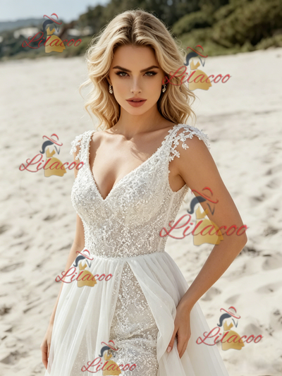 White V-neck Split Wedding Dress