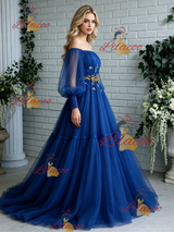 Blue Tulle Long Sleeve Pleats Prom Dress