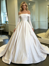 White Satin Off the Shoulder Long Sleeve Wedding Dress