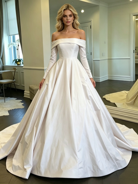 White Satin Off the Shoulder Long Sleeve Wedding Dress