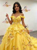 Yellow Tulle Straps 3D Flower Quinceanera Dress