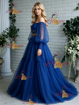 Blue Tulle Long Sleeve Pleats Prom Dress