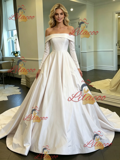 White Satin Off the Shoulder Long Sleeve Wedding Dress